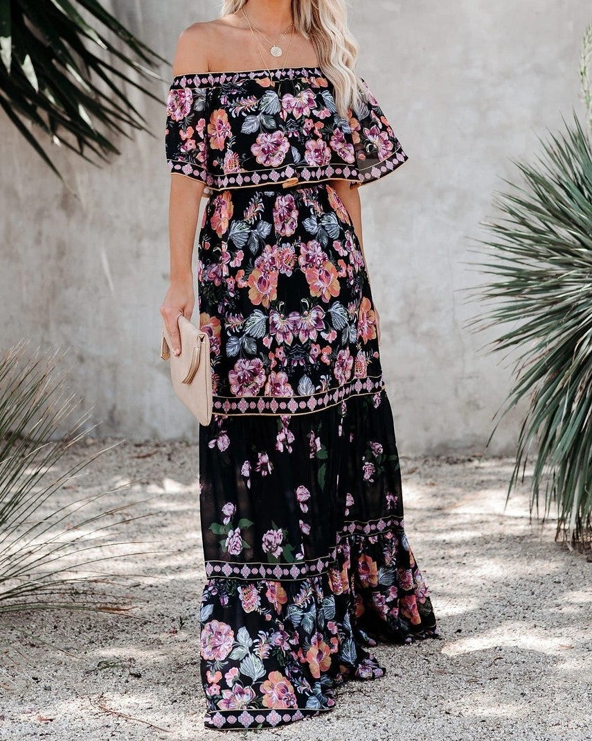 Einseitig schulterfreies langes Blumenkleid