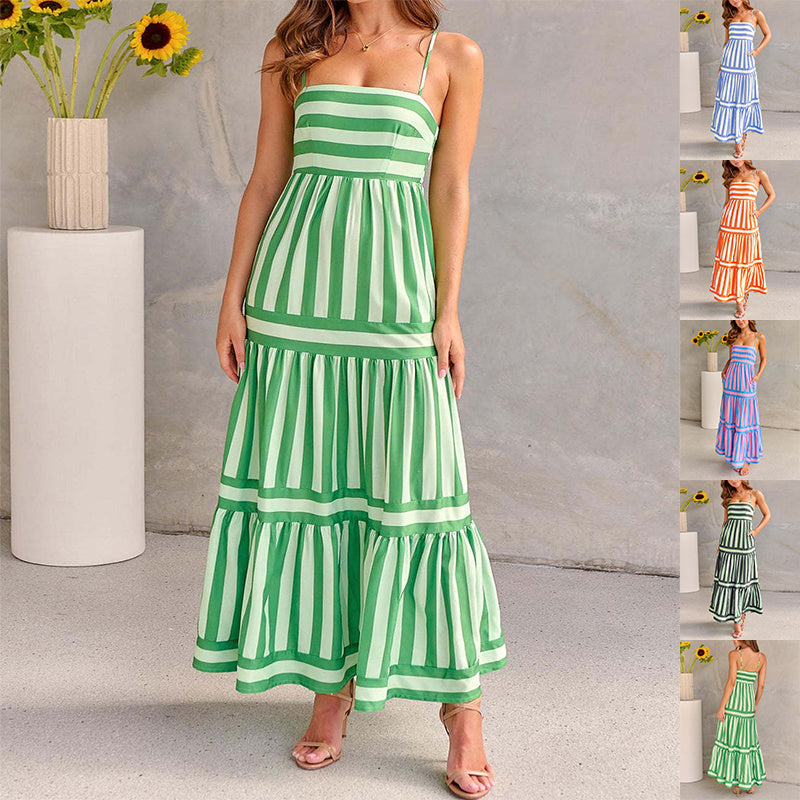 Heidi-Mode | Charlotte Sommerstreifen Gedruckt Träger Lange Kleid mit Taschen, Mode Rechteckiger Ausschnitt, Rückenfreie Kleider für Strandurlaub Damen Kleidung