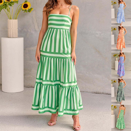 Heidi-Mode | Charlotte Sommerstreifen Gedruckt Träger Lange Kleid mit Taschen, Mode Rechteckiger Ausschnitt, Rückenfreie Kleider für Strandurlaub Damen Kleidung