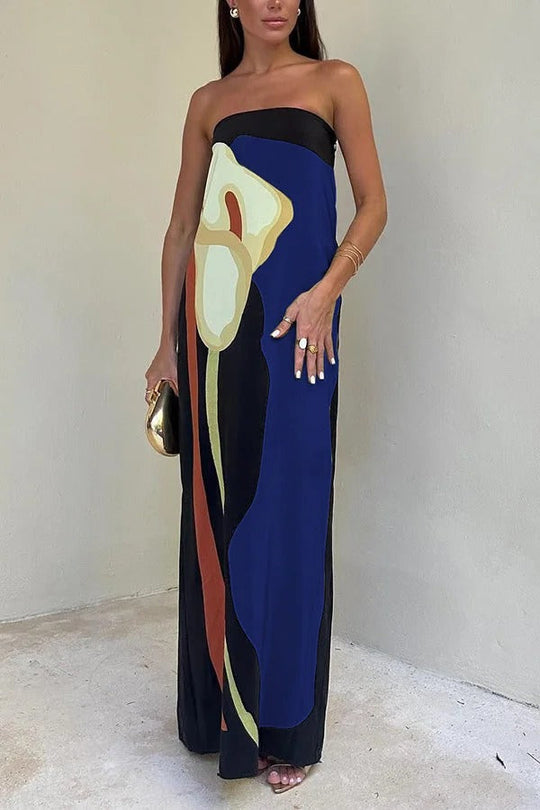 Heidi-Mode | Jaime Abstrakter Floralprint Elastischer Off-Shoulder Urlaub Locker Maxi Kleid
