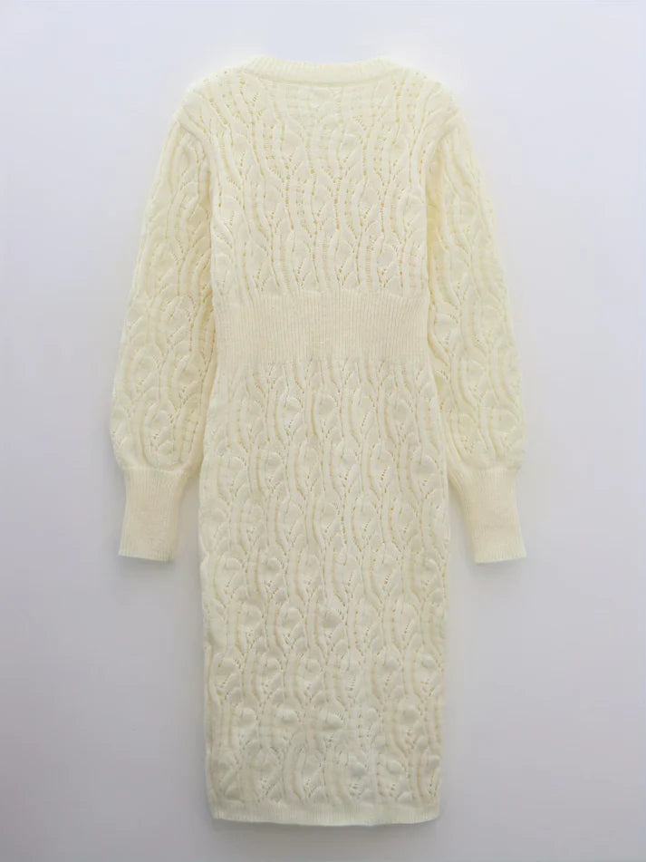 Heidi-Mode | Baumwolle Solid Eyelet Pullover V-Ausschnitt Langarm Midi Festliches Kleid Für Frauen - Ideal Für Formelle Anlässe