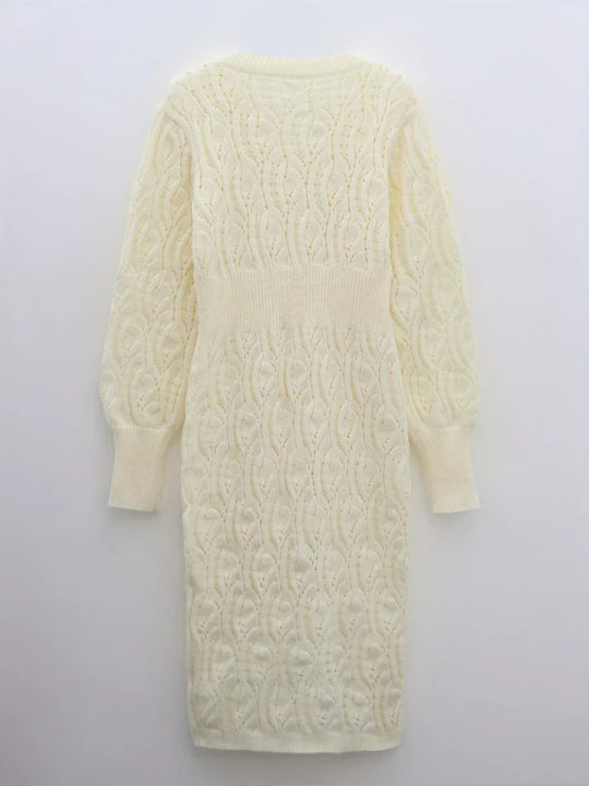 Heidi-Mode | Baumwolle Solid Eyelet Pullover V-Ausschnitt Langarm Midi Festliches Kleid Für Frauen - Ideal Für Formelle Anlässe