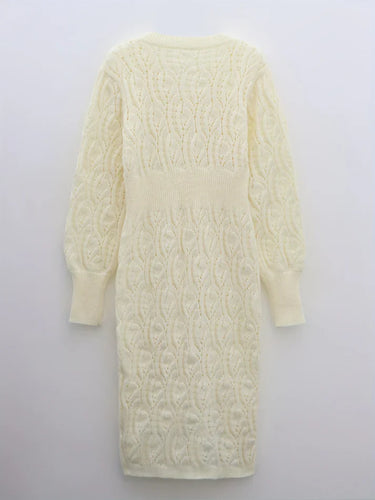 Heidi-Mode | Baumwolle Solid Eyelet Pullover V-Ausschnitt Langarm Midi Festliches Kleid Für Frauen - Ideal Für Formelle Anlässe