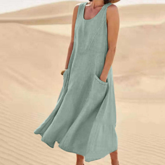Heidi Mode | Ärmelloses Kleid aus Baumwolle und Leinen mit Rundhalsausschnitt und Tasche