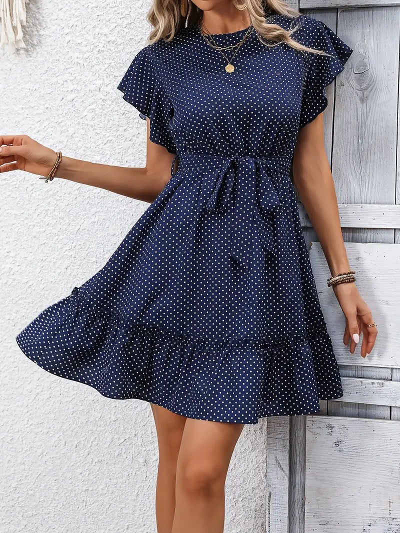 Heidi-Mode | Dunkelblaues Midi Kleid Punkt Elegant Sommerkleid mit Schleife Taille