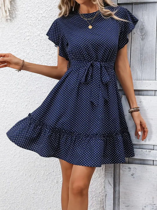 Heidi-Mode | Dunkelblaues Midi Kleid Punkt Elegant Sommerkleid mit Schleife Taille