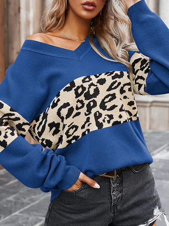 Heidi-Mode | Leoparden V-Ausschnitt Pullover Sweatshirt