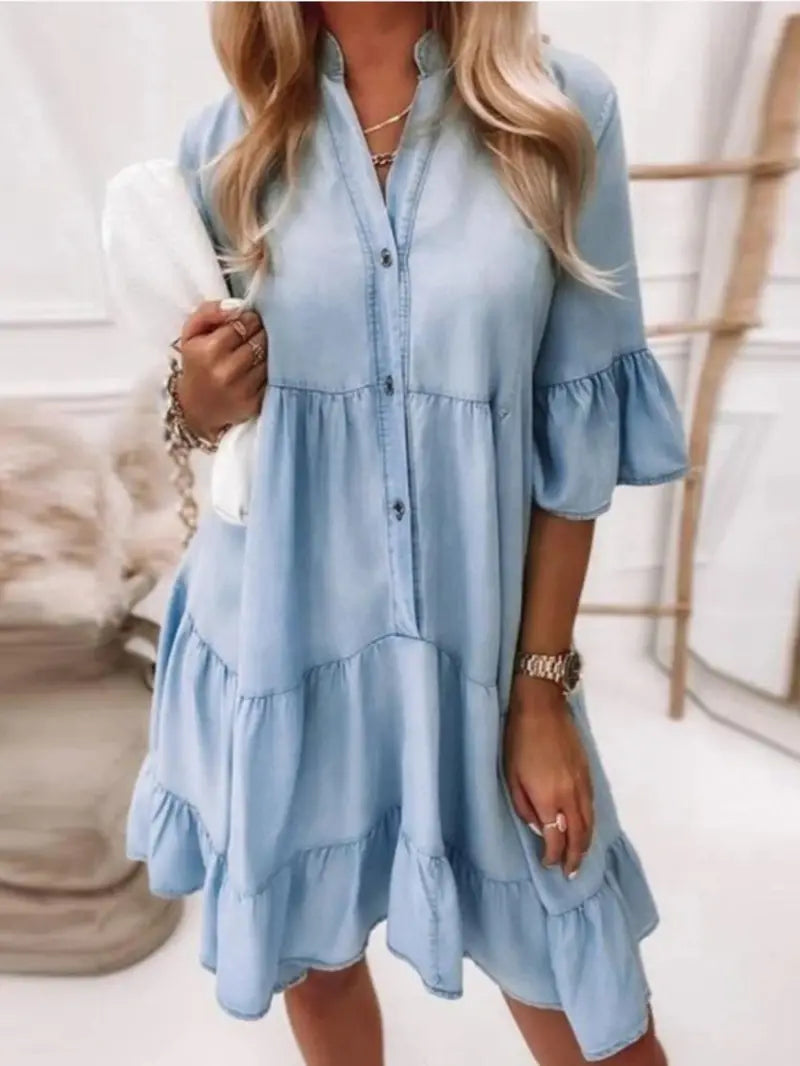 linie midi denim kleid mit rüschen am saum