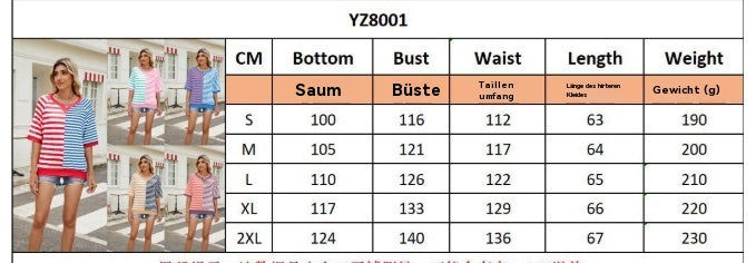 Heidi Mode | Gestreifte farblich passende Rundhalsausschnitt lose kurze Ärmel
