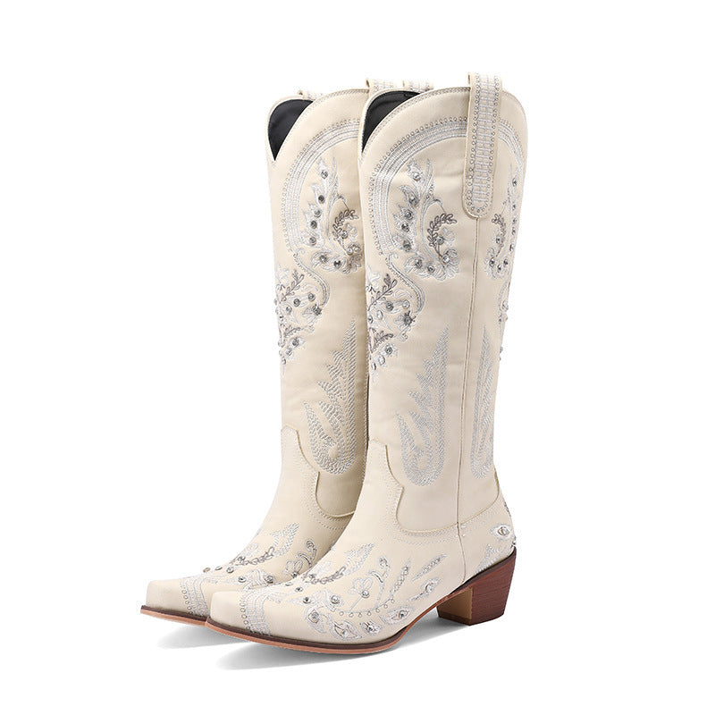 Heidi-Mode | Bestickte Western Denim Retro Damen Knielange Stiefel