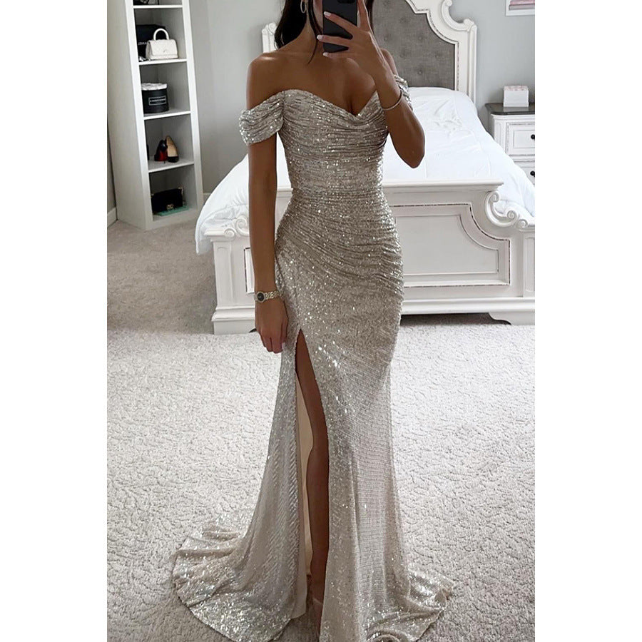 Heidi-Mode | Abendkleid Damen Schulterfreies Glitzer Maxikleid mit Schlitz für Hochzeit & Fest