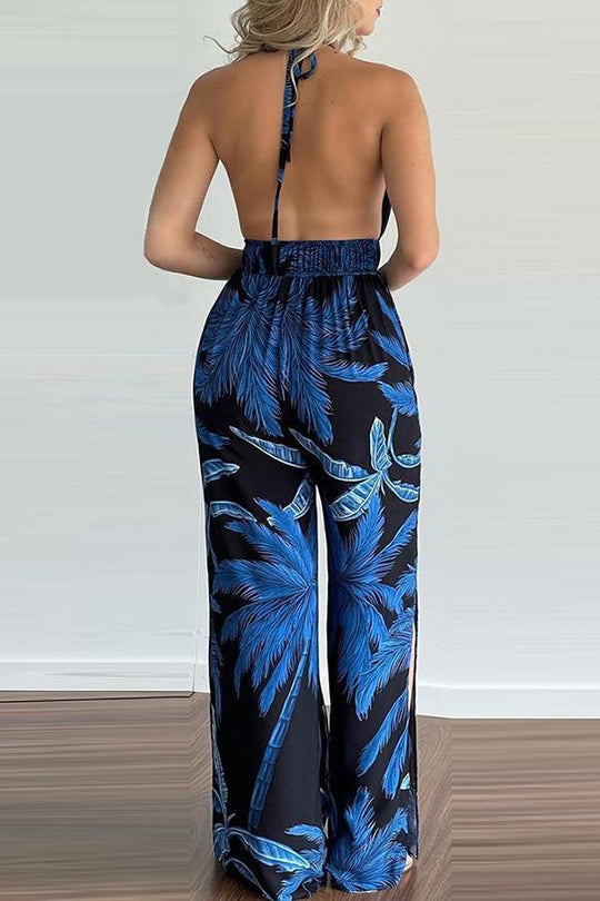 Heidi-Mode | Carneros Floral Print Halter Breite Beine Jumpsuit