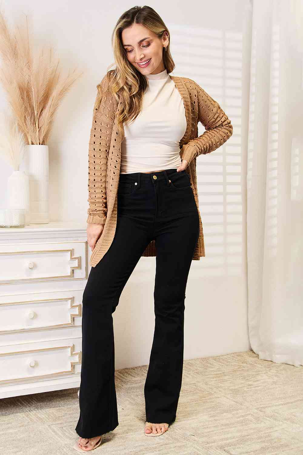 Heidi-Mode | Gewebter Rechte Offene Horizontal Rippung Offene Vorder Cardigan