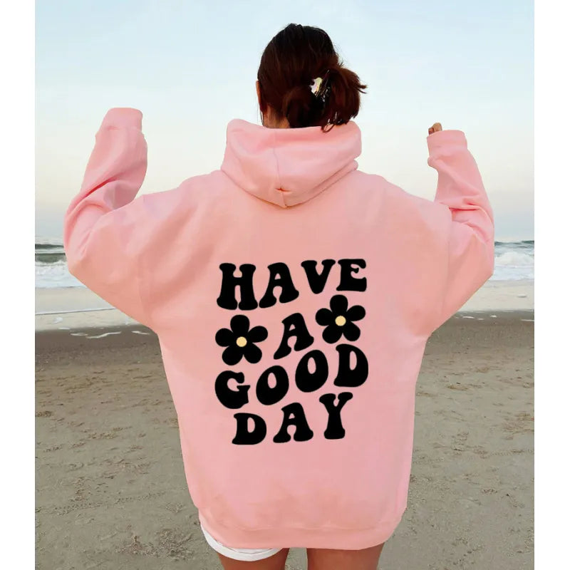 Heidi-Mode | Lässiger Oversized-Hoodie mit "Have A Good Day"-Druck und Tasche perfekt für Herbst/Winter