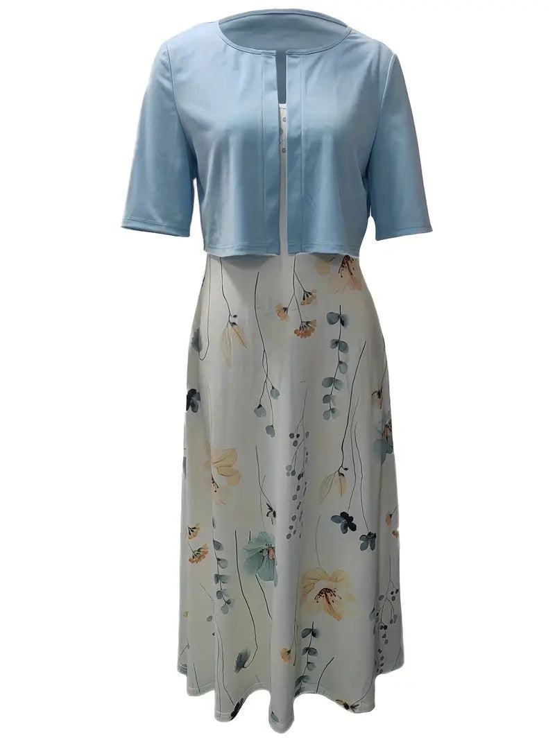 Heidi-Mode | Elegante Zweiteilige Blumenkleid-Set mit Einfarbigem Crop-Top und Rundhalskleid