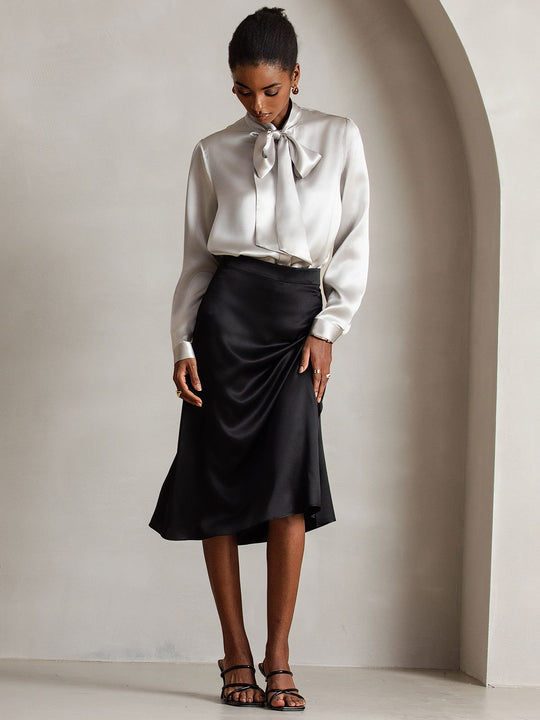 Heidi-Mode | Damen Elegante Seidenbluse mit Schlipskragen und Langen Ärmeln