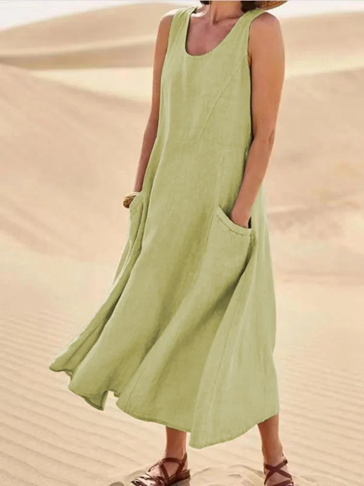 Heidi-Mode | Ärmelloses Kleid aus Baumwolle und Leinen mit Taschen für Frauen