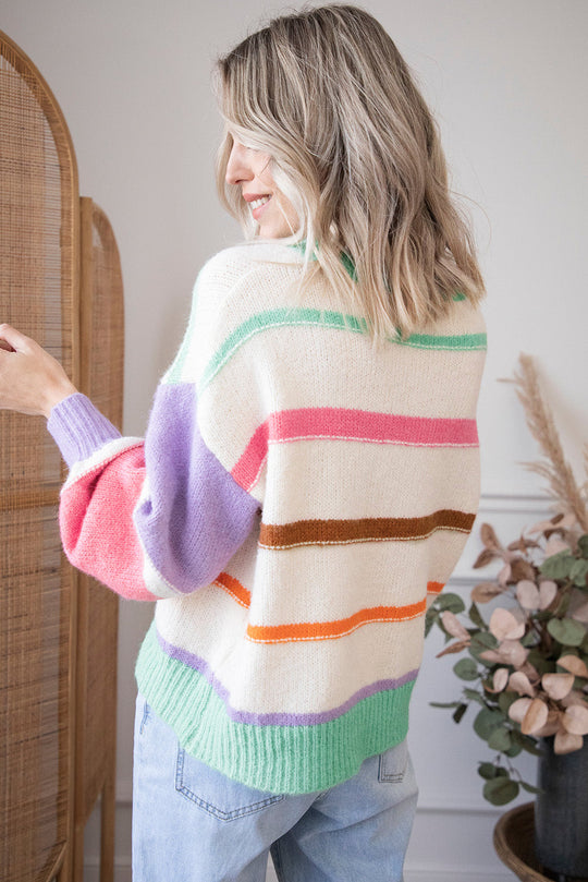 Gestreifter Colorblock Pullover Mit Überschnittenen Schultern