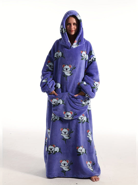 Heidi-Mode | Flanell Fleece Bademantel mit Kapuze und Eisbärenprint