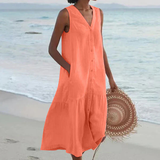 Heidi-Mode | Ärmelloses Knopfkleid mit V-Ausschnitt Strandkleid