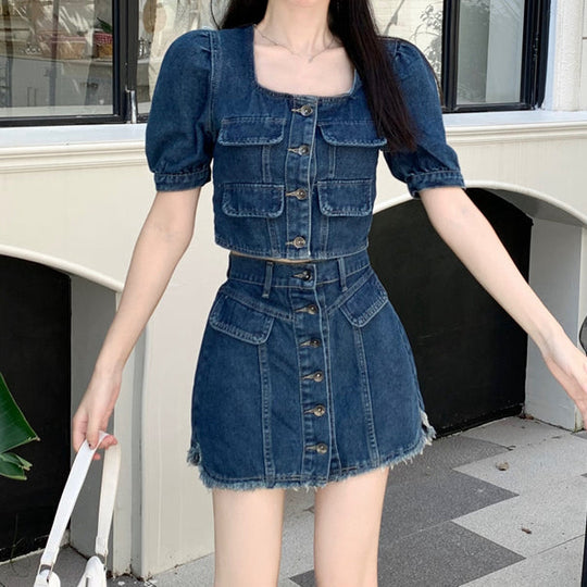 Heidi-Mode | Quadratisches Ausschnitt Denim Top A-Linien Shorts Satz