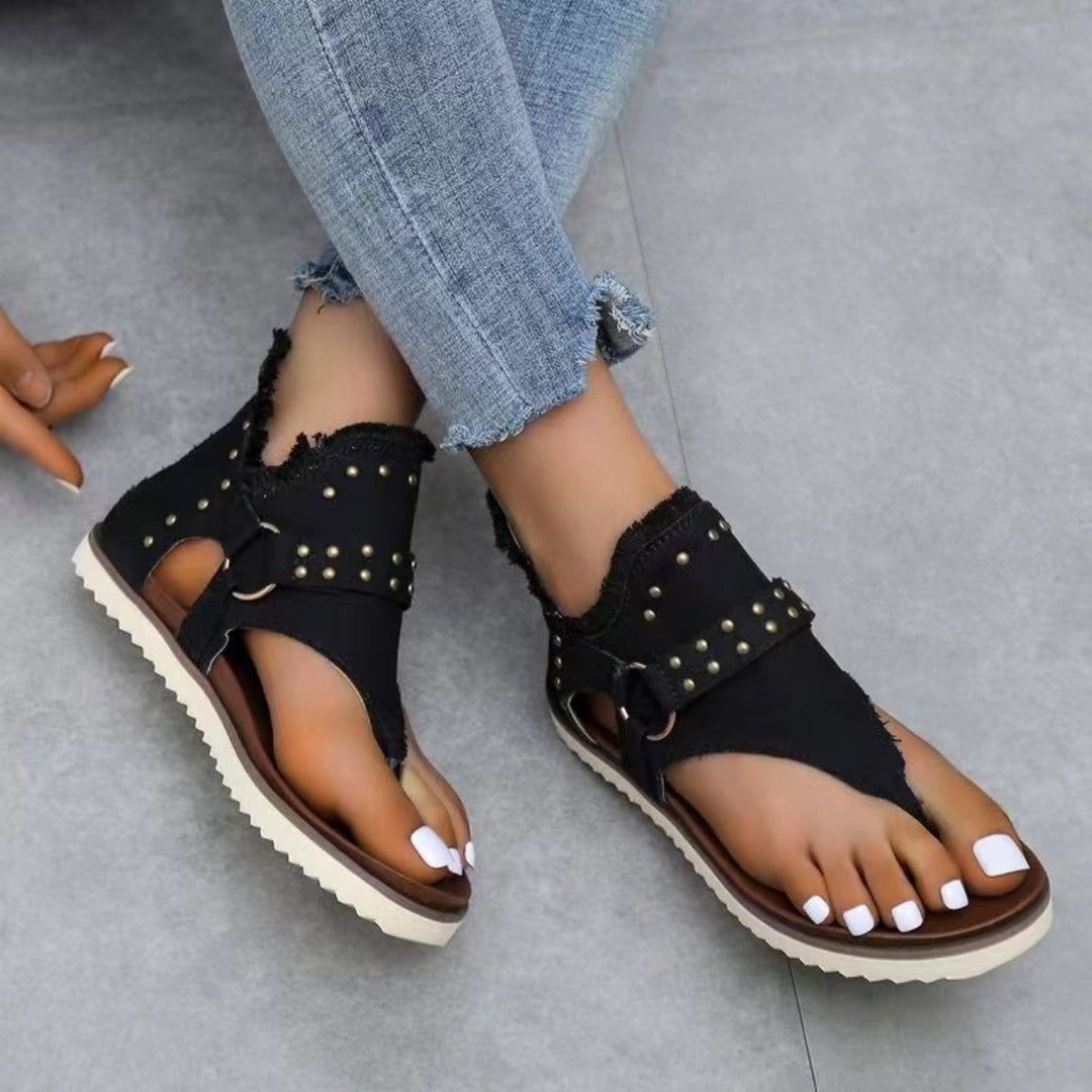 Heidi-Mode | Nieten Rohsaum Flache Sandalen