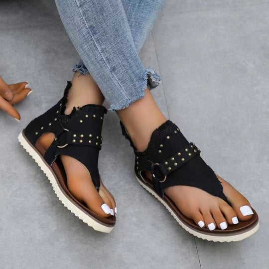 Heidi-Mode | Nieten Rohsaum Flache Sandalen