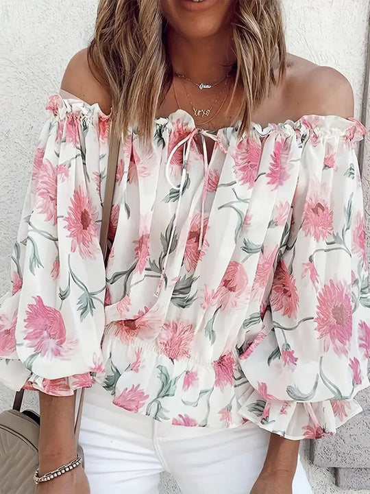 Lässige Bluse mit Rüschen ab der Schulter und Blumendruck