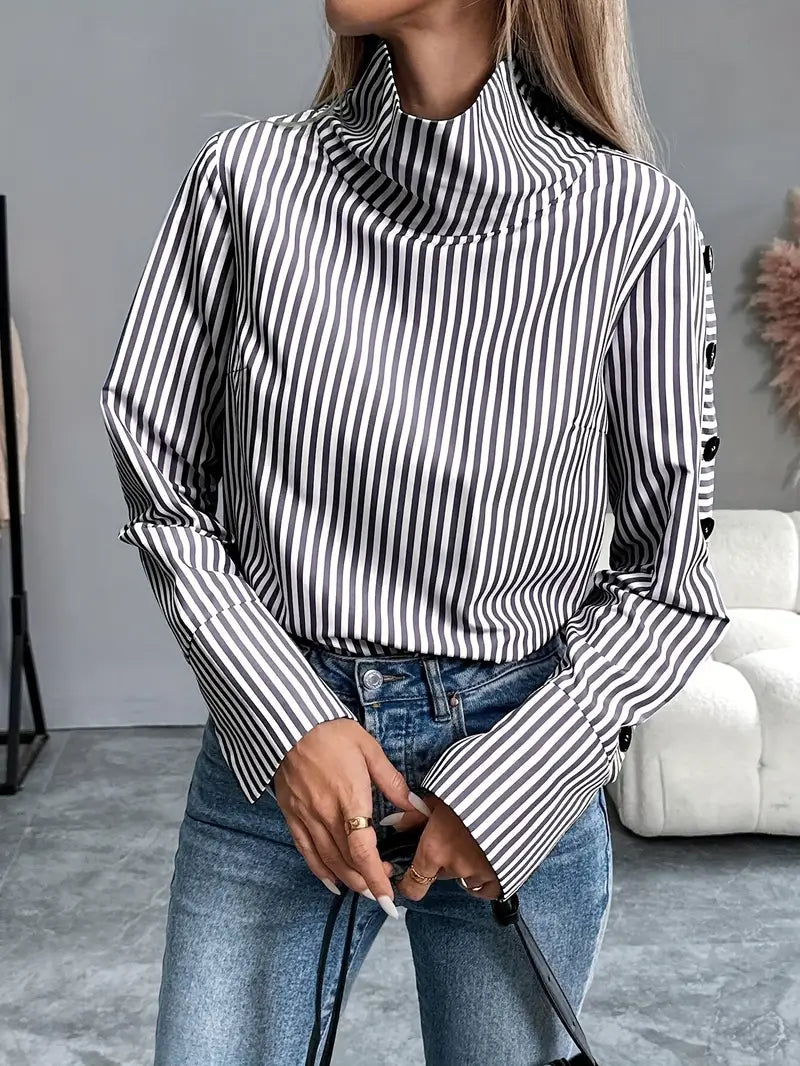 Heidi-Mode | Gestreifte Bluse mit Hohem Kragen