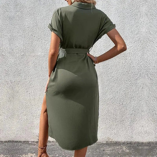Heidi-Mode | Summer long dress with short sleeves, lacing and folded collar