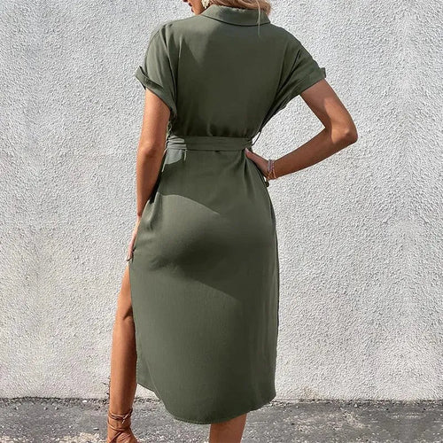 Heidi-Mode | Summer long dress with short sleeves, lacing and folded collar
