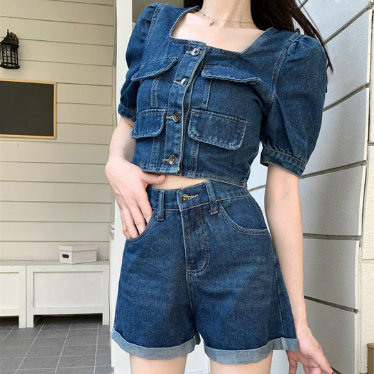 Heidi-Mode | Quadratisches Ausschnitt Denim Top A-Linien Shorts Satz