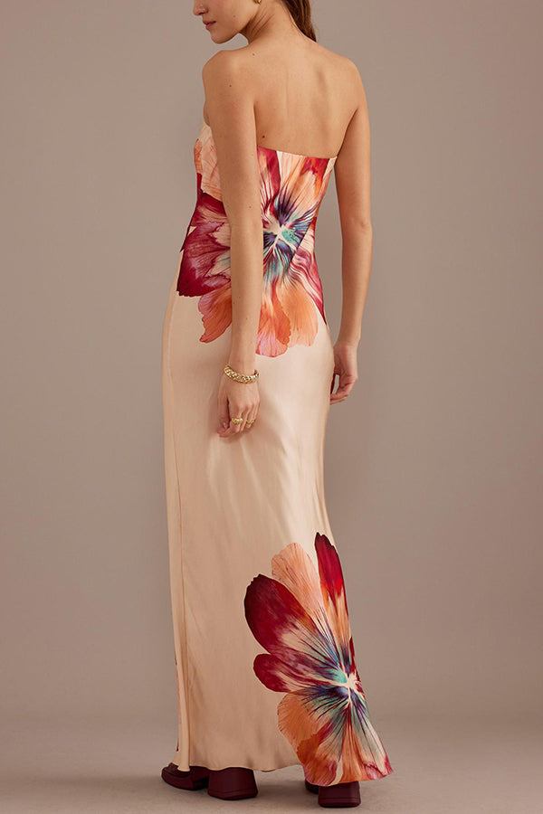 Heidi-Mode | Charmante Damen Satin Floral Print Bandeau Lockere Maxi Kleid