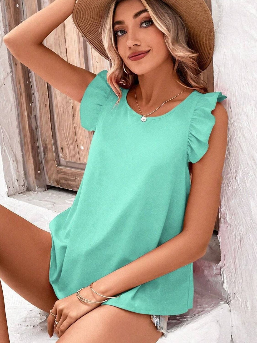 Heidi-Mode | Kreuzgurt Rücken Rüschenausschnitt Kurzarm Bluse