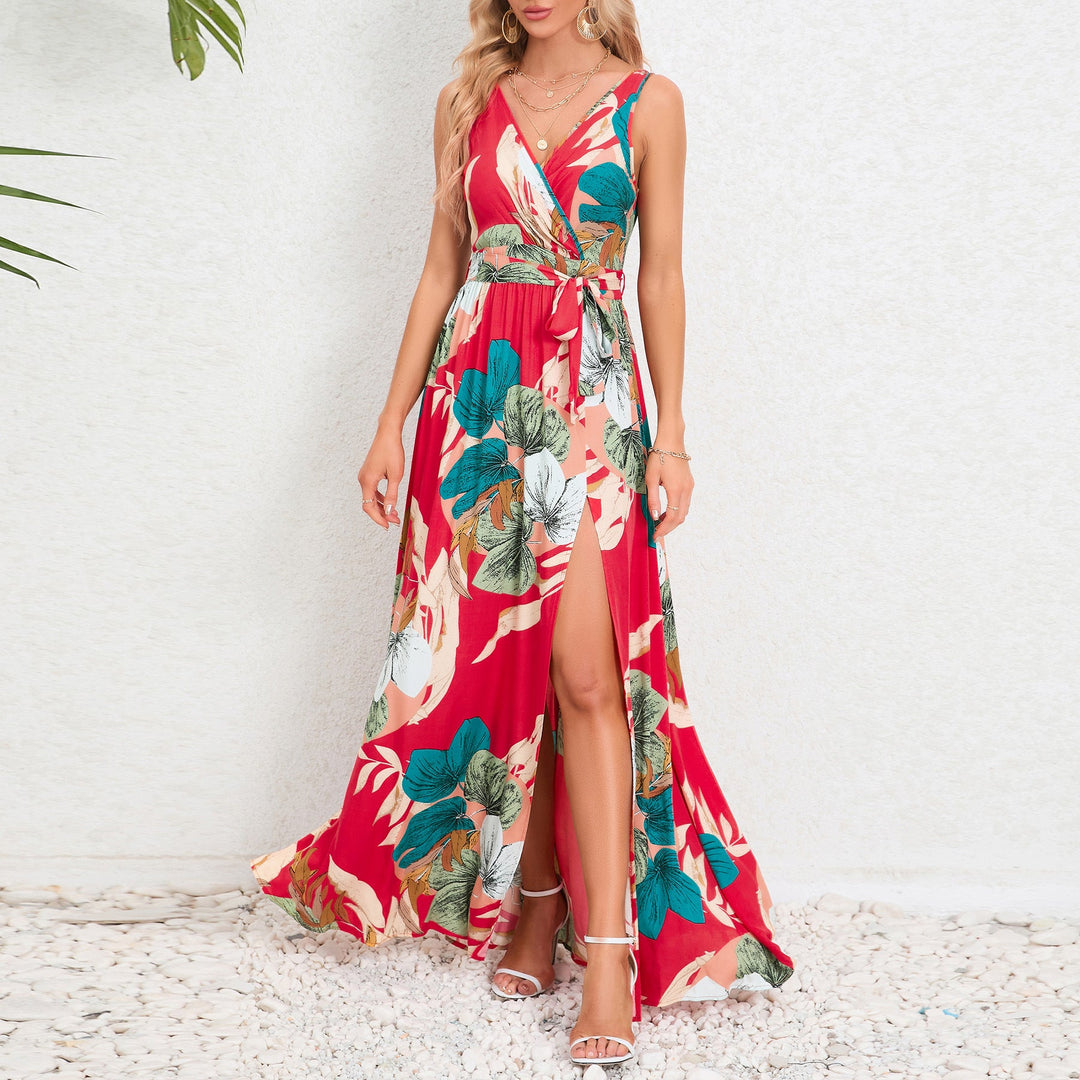Sommer Mode Taille Krawatte Schlitz Design ärmelloses Kleid