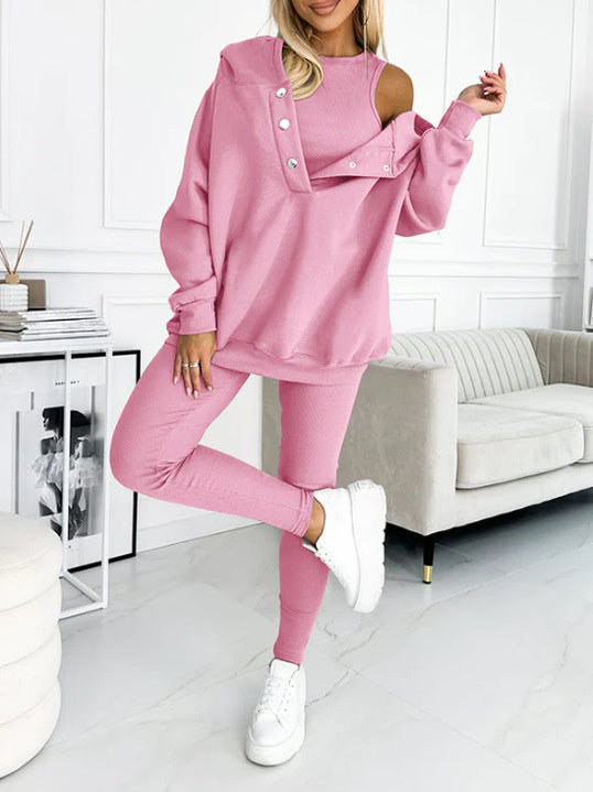 Heidi-Mode | 3-Teiliger Damen Sportanzug Lockere Kapuzenpullover Slim Hosen
