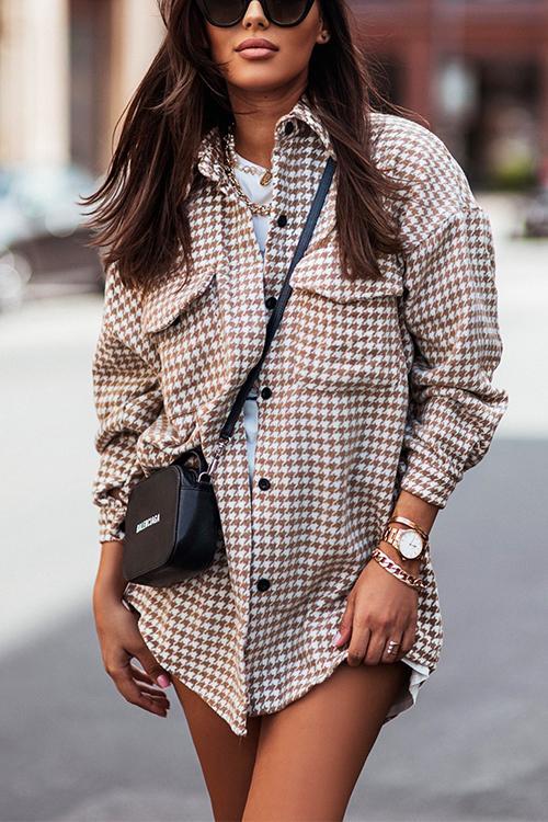 Heidi-Mode | Hahnentritt Knopf Down Plaid Außen Hemd
