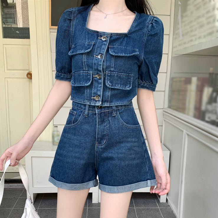 Heidi-Mode | Quadratisches Ausschnitt Denim Top A-Linien Shorts Satz