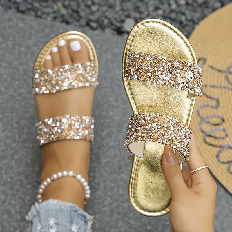 Heidi-Mode | Bequeme Sommerschuhe mit Kristallen, Offene Zehen, Doppelte Riemen, Leicht und Stilvoll