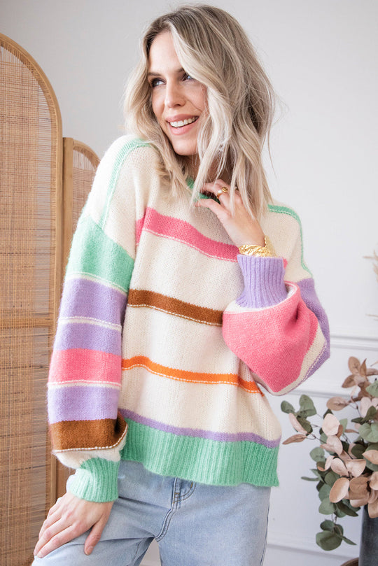 Gestreifter Colorblock Pullover Mit Überschnittenen Schultern