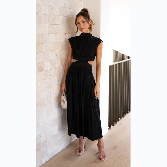 Heidi-Mode | Sommerliche Midikleid mit Hohem Kragen In Soliden Farben