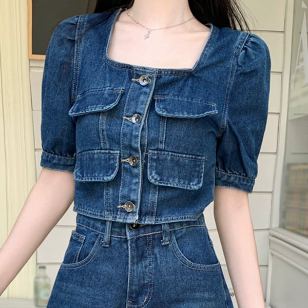 Heidi-Mode | Quadratisches Ausschnitt Denim Top A-Linien Shorts Satz