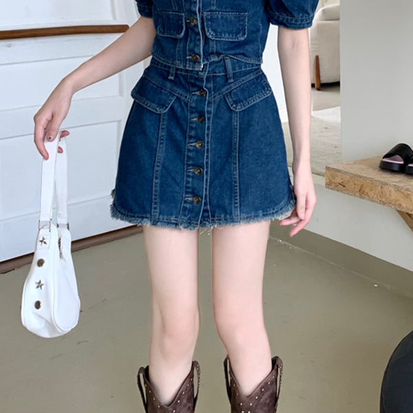 Heidi-Mode | Quadratisches Ausschnitt Denim Top A-Linien Shorts Satz