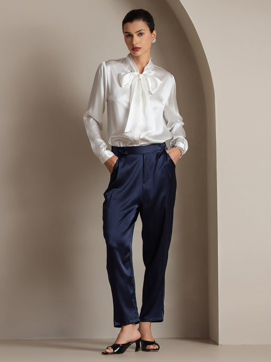 Heidi-Mode | Damen Elegante Seidenbluse mit Schlipskragen und Langen Ärmeln