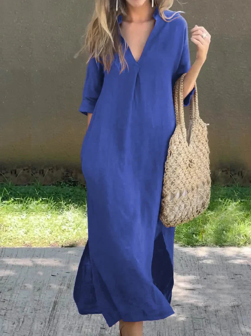 Einfarbiges Damen-kleid mit V-Ausschnitt, Tasche und V-Ausschnitt