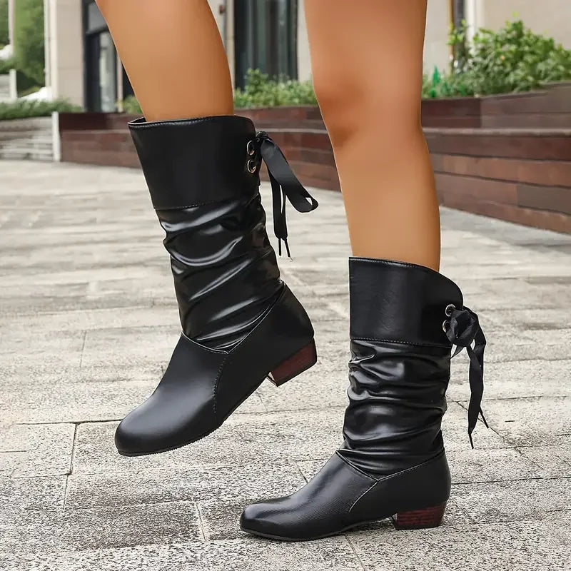 Heidi-Mode | Damenmode Schnürung Chunky Heel Stiefel Bis Zur Wade