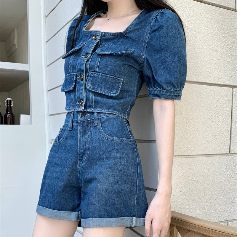 Heidi-Mode | Quadratisches Ausschnitt Denim Top A-Linien Shorts Satz