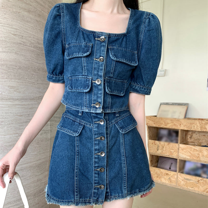 Heidi-Mode | Quadratisches Ausschnitt Denim Top A-Linien Shorts Satz