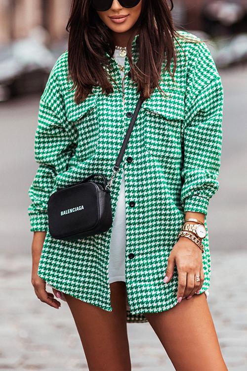 Heidi-Mode | Hahnentritt Knopf Down Plaid Außen Hemd