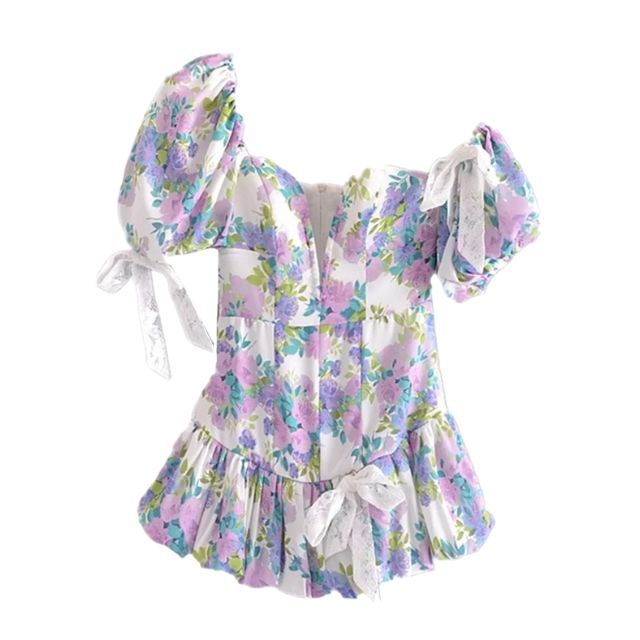 Schulterfreier Playsuit mit Spitzenrand und Blumendruck